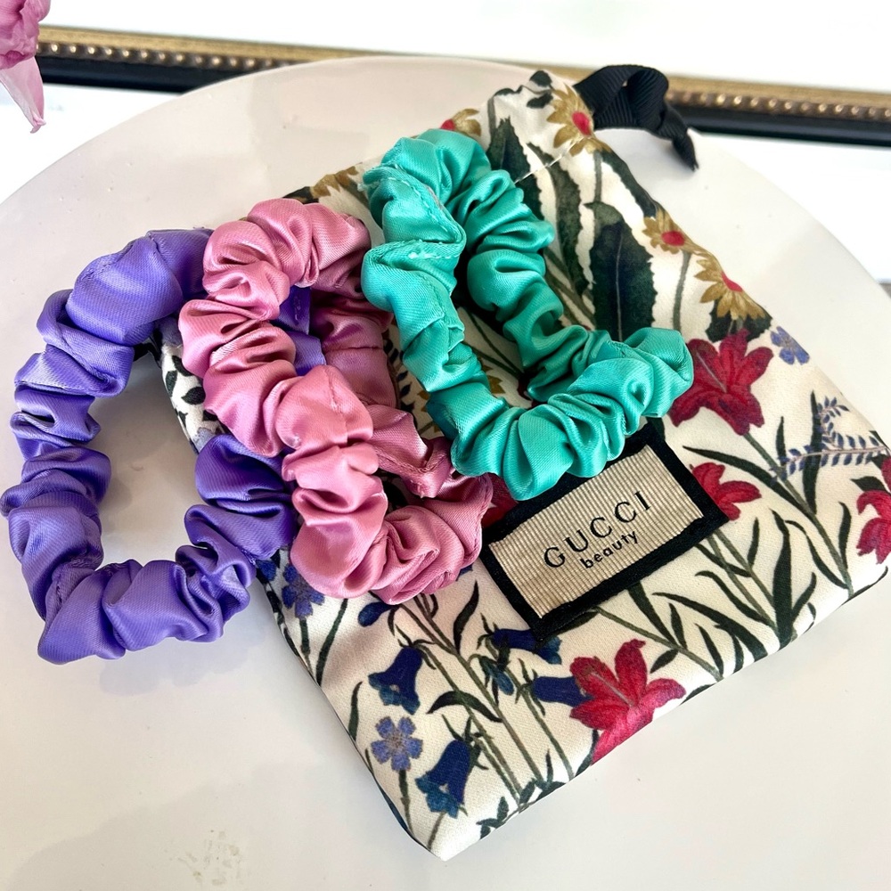 Gucci Satin Scrunchie Set in Purple, Pink, Turquoise